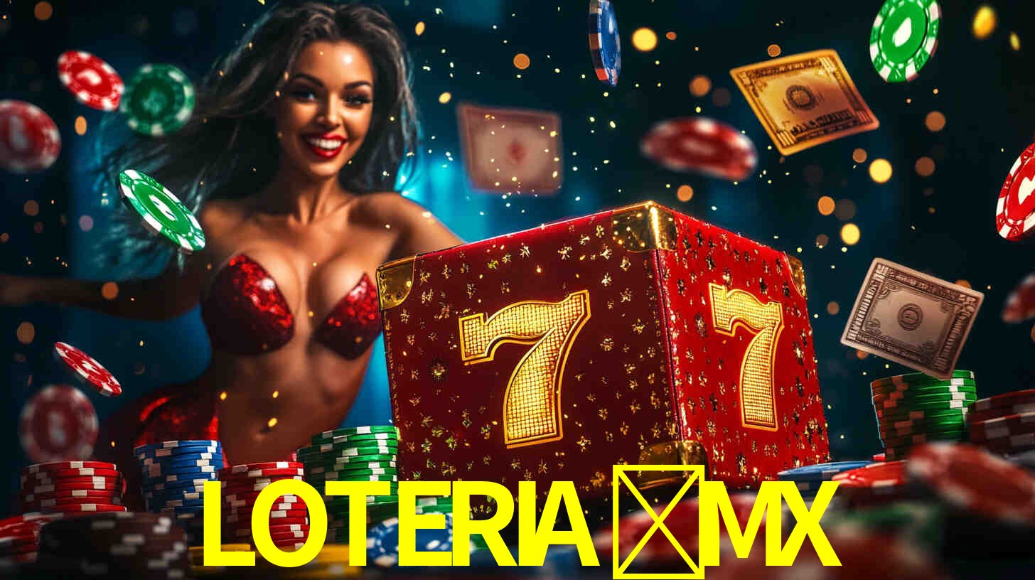 Escena dinámica inspirada en casino con iluminación LOTERIA-MX, cartas, fichas e íconos de juegos digitales en un espacio moderno de juegos.