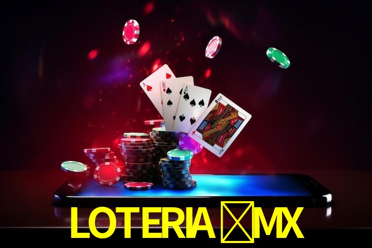 Una escena digital vívida inspirada en casino con LOTERIA-MX mostrado prominentemente, luces brillantes, fichas, cartas y acentos dorados.