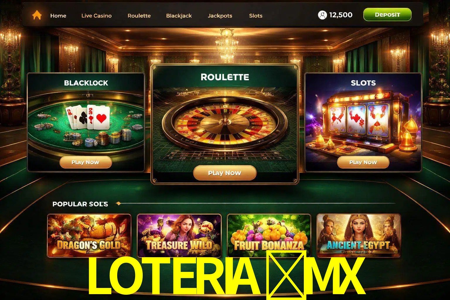 Vista de la plataforma LOTERIA-MX Casino mostrando categorías organizadas de juegos en línea