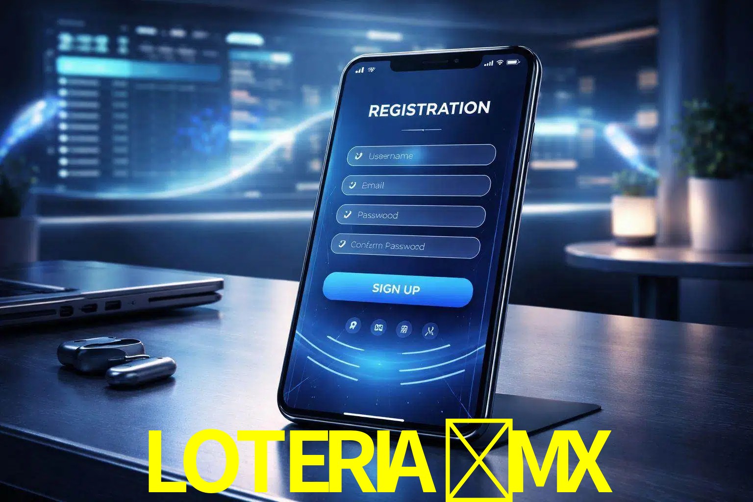 Una interfaz moderna de registro móvil para LOTERIA-MX mostrada en un smartphone con un panel de apuestas elegante.